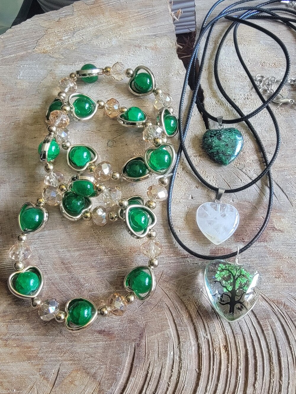 Handcrafted Set Of 6. Bling Green Heart Stretch Bracelet,2 Stone & Resin Heart.
